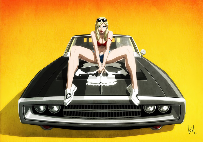 Woman on a car with skull
