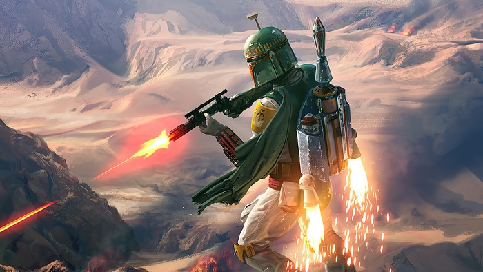 Boba Fett from Star Wars firing a blaster in a desert landscape