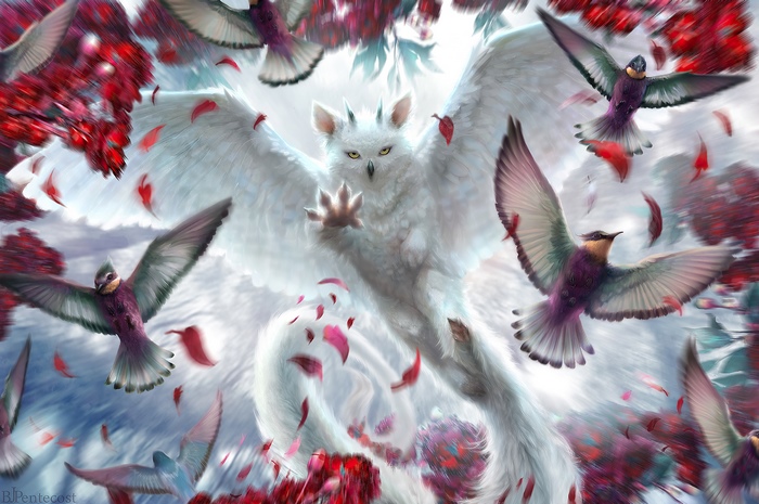 White owl-like creature with birds and red flowers