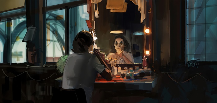 Arthur Fleck as Joker applying makeup in dressing room