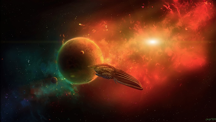 Spaceship near planets and nebula