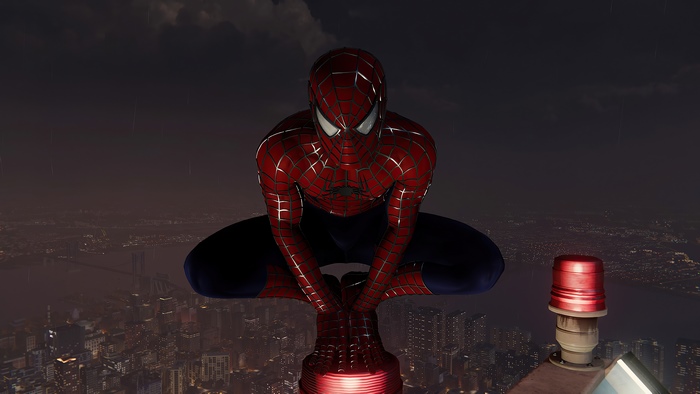 Spider-Man crouching on a building at night