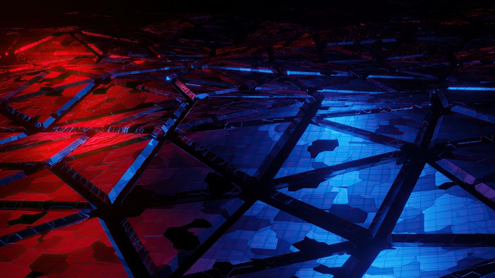 Abstract digital art with red and blue geometric patterns