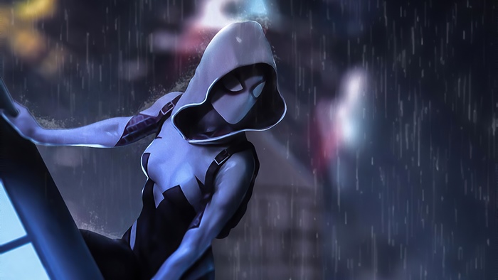 Gwen Stacy as Spider-Gwen in the rain