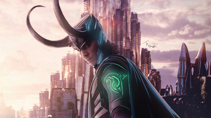 Loki artwork with futuristic city background