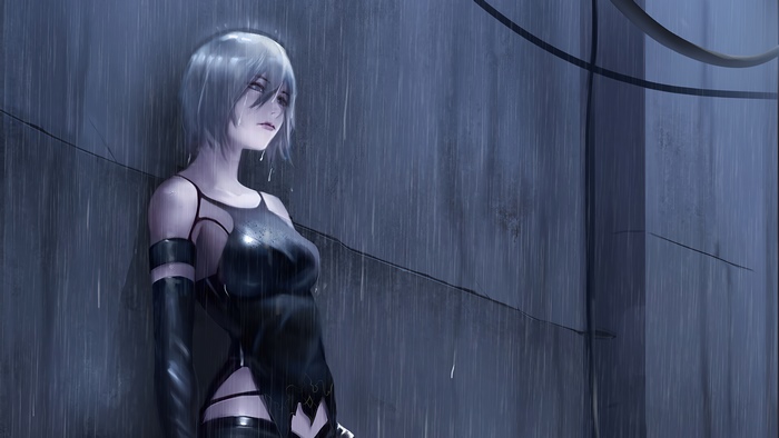 2B from Nier Automata in the rain