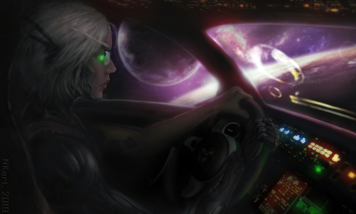 Woman driving a spaceship cockpit with planets in background