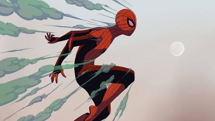Spider-Man artwork with green smoke and moon