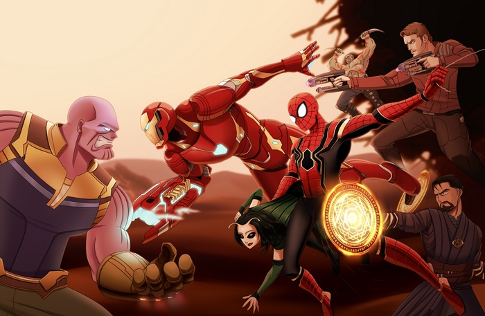 Avengers: Infinity War artwork featuring Thanos, Iron Man, Spider-Man, Mantis, Star-Lord, Drax, and Doctor Strange