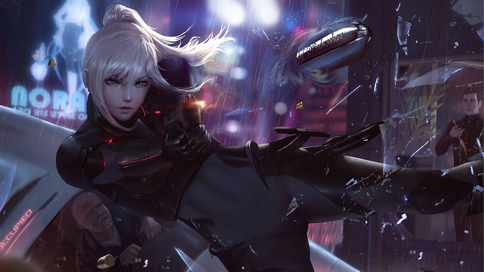 Woman in black armor with gun in rainy city 4K
