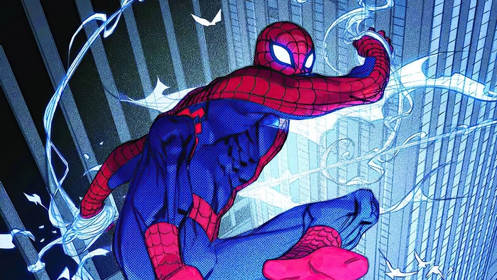 Spider-Man swinging through a city