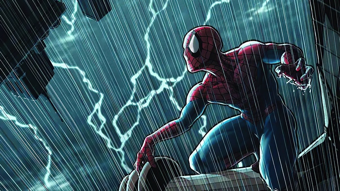 Spiderman in a thunderstorm