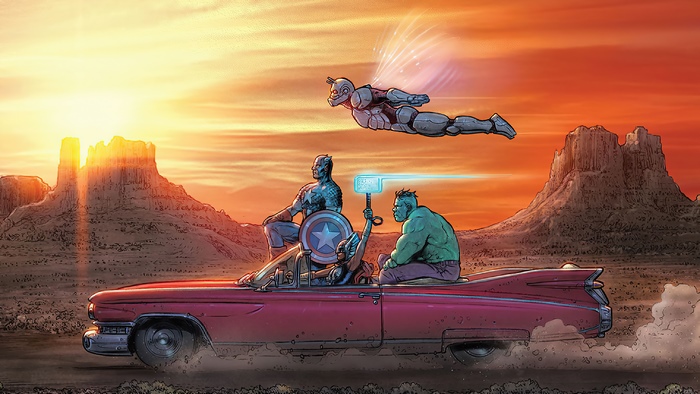 Ant-Man, Hulk, and Captain America in a car