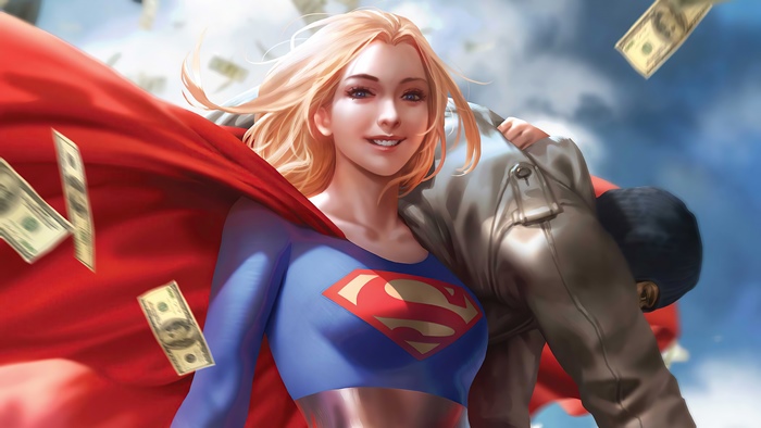 Supergirl carrying a man with money falling
