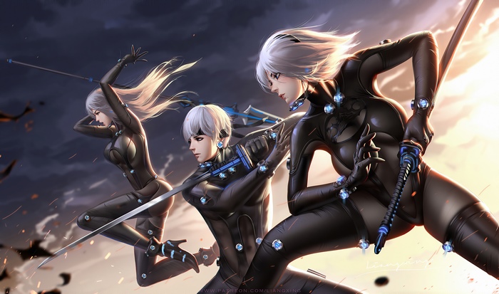 Three female warriors in black suits with swords