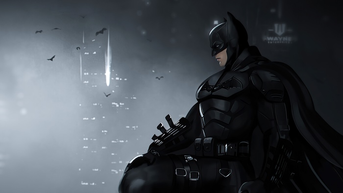 Batman artwork with Wayne Enterprises building
