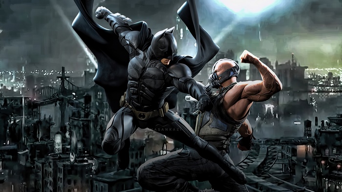 Batman Fighting Bane in Dark Cityscape