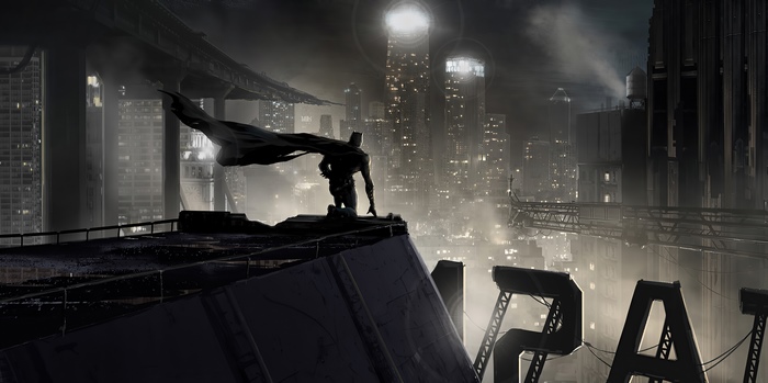 Batman overlooking a city skyline