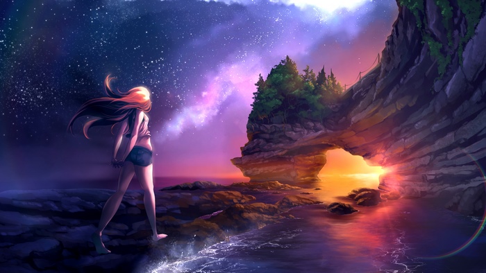 Anime girl looking at the starry sky over the ocean