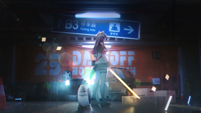 Anime girl and penguin in a parking area