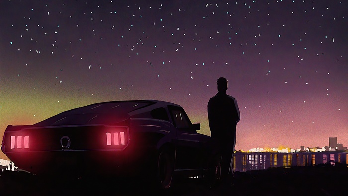 Ford Mustang silhouette under a starry sky