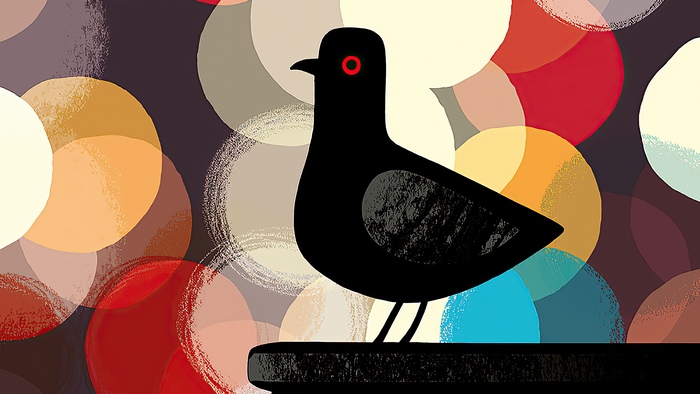 Black pigeon with red eyes on a platform with colorful circles