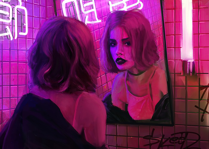 Woman looking in mirror with neon lights