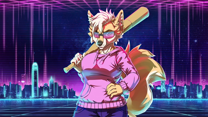 Furry fox with baseball bat in retrowave city