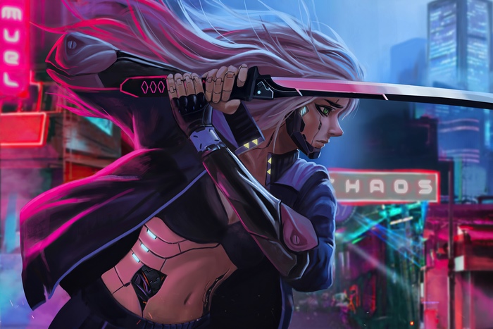 Cyborg woman with sword in neon city