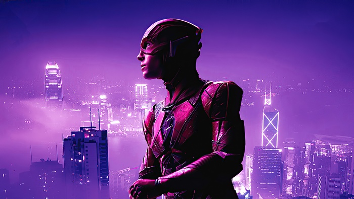 The Flash in a futuristic city at night