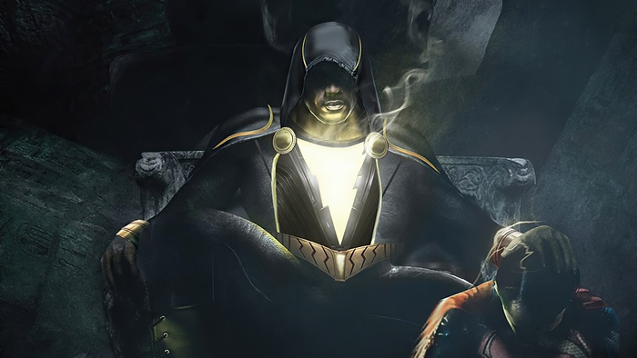 Black Adam sitting on a throne with a defeated figure