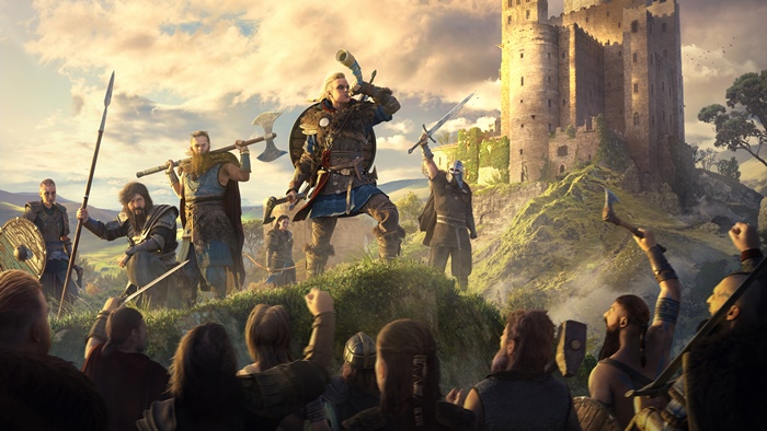 Eivor and Vikings from Assassin's Creed Valhalla at a Castle