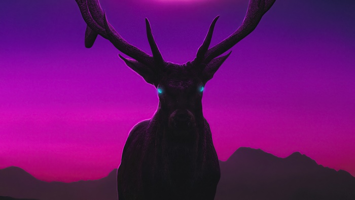 Dark reindeer with glowing blue eyes against a pink and purple sky
