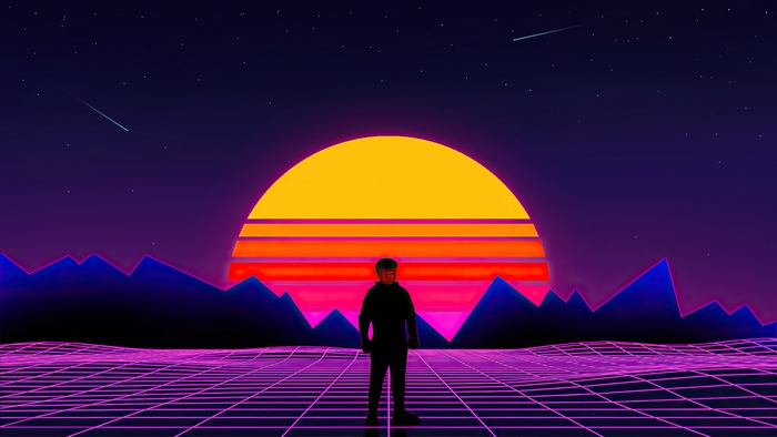 Retrowave artwork with a person in silhouette