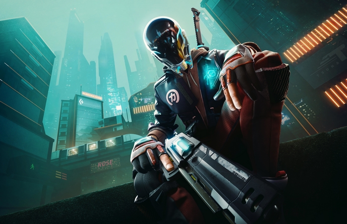 Character from Hyper Scape holding a gun in a futuristic city