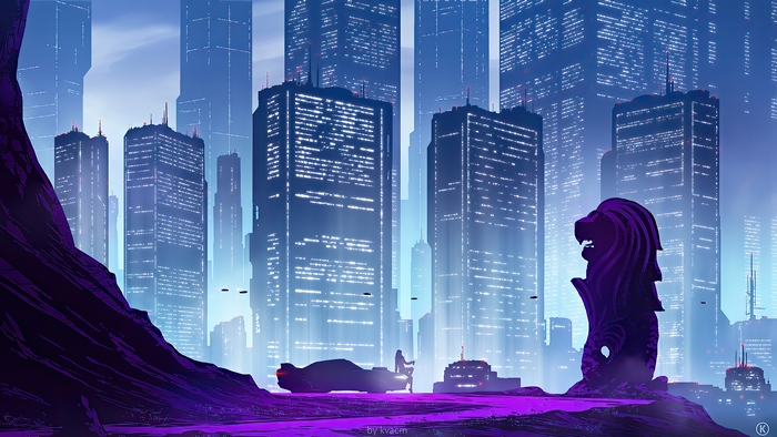 Synthwave cityscape with Merlion statue and futuristic car