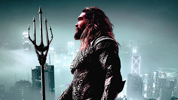 Aquaman with Trident overlooking Cityscape