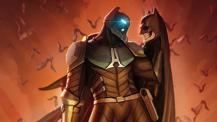 Batman and armored figure with bats
