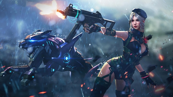 Woman with gun and robotic wolf in Garena Free Fire 4K