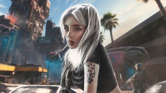 Woman smoking in a futuristic city