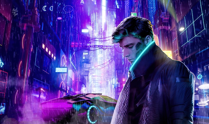 Man in cyberpunk city with neon lights and rain