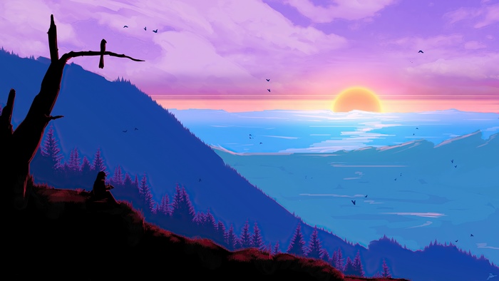 Digital art of a person sitting on a mountain overlooking a sunset