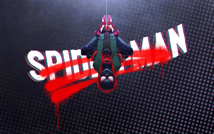 Spider-Man hanging upside down with graffiti logo