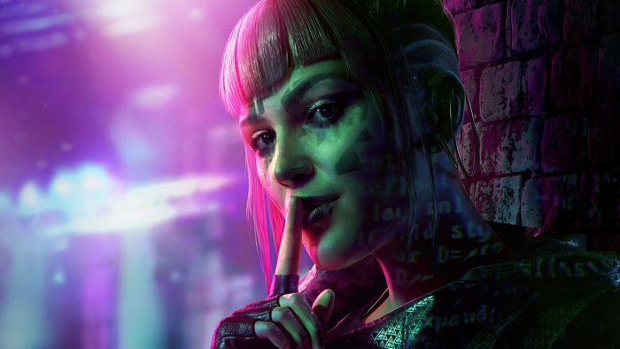Woman with pink hair and code projections in Watch Dogs Legion 4K