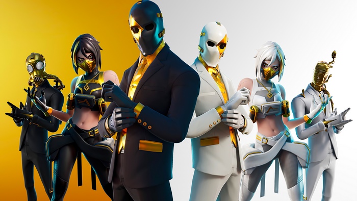 Fortnite characters in suits with gold accents
