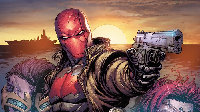 Red Hood aiming a handgun with a warship in the background