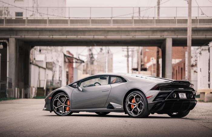 Gray Lamborghini Huracan Evo Spyder parked on street