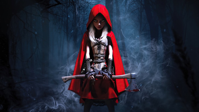 Girl in red hood with axe in forest 4K