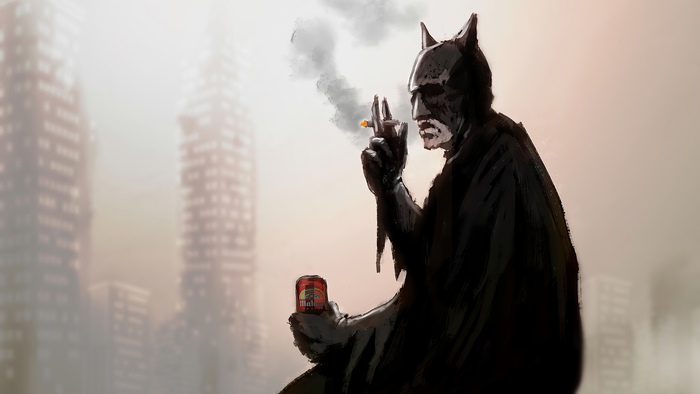 Batman smoking and drinking in a ruined city 4K