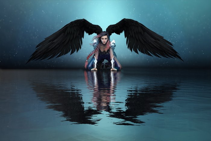 Angel with black wings kneeling on water